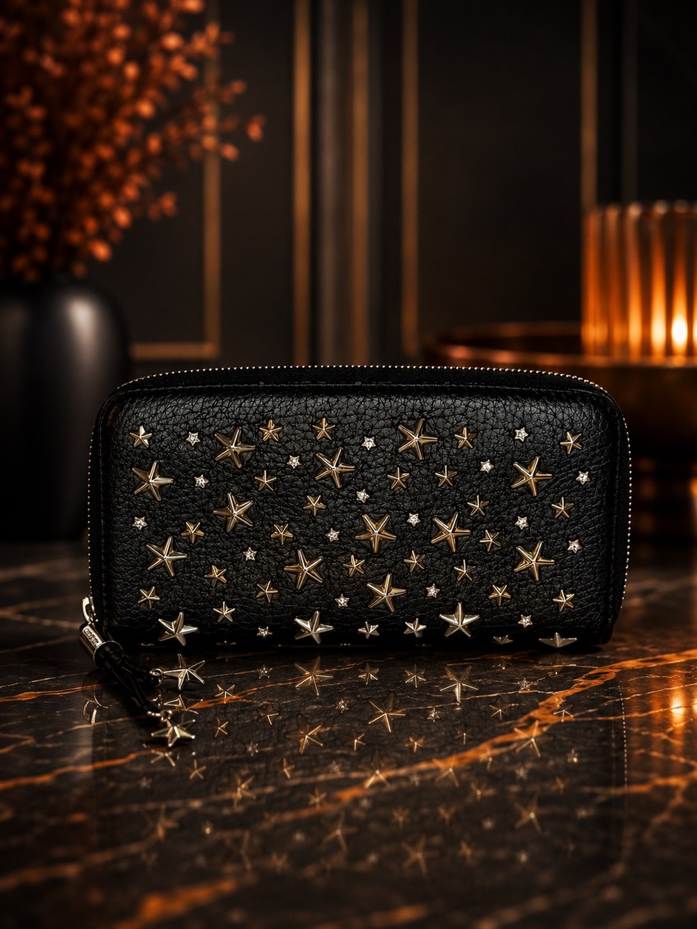 Jimmy Choo Black Leather Studded Zip Wallet | Authentic